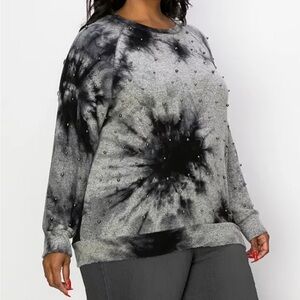 COIN 1804 Women's Grey Studded Cozy Long Sleeve Pullover Top Plus Sz 1X Tie Dye